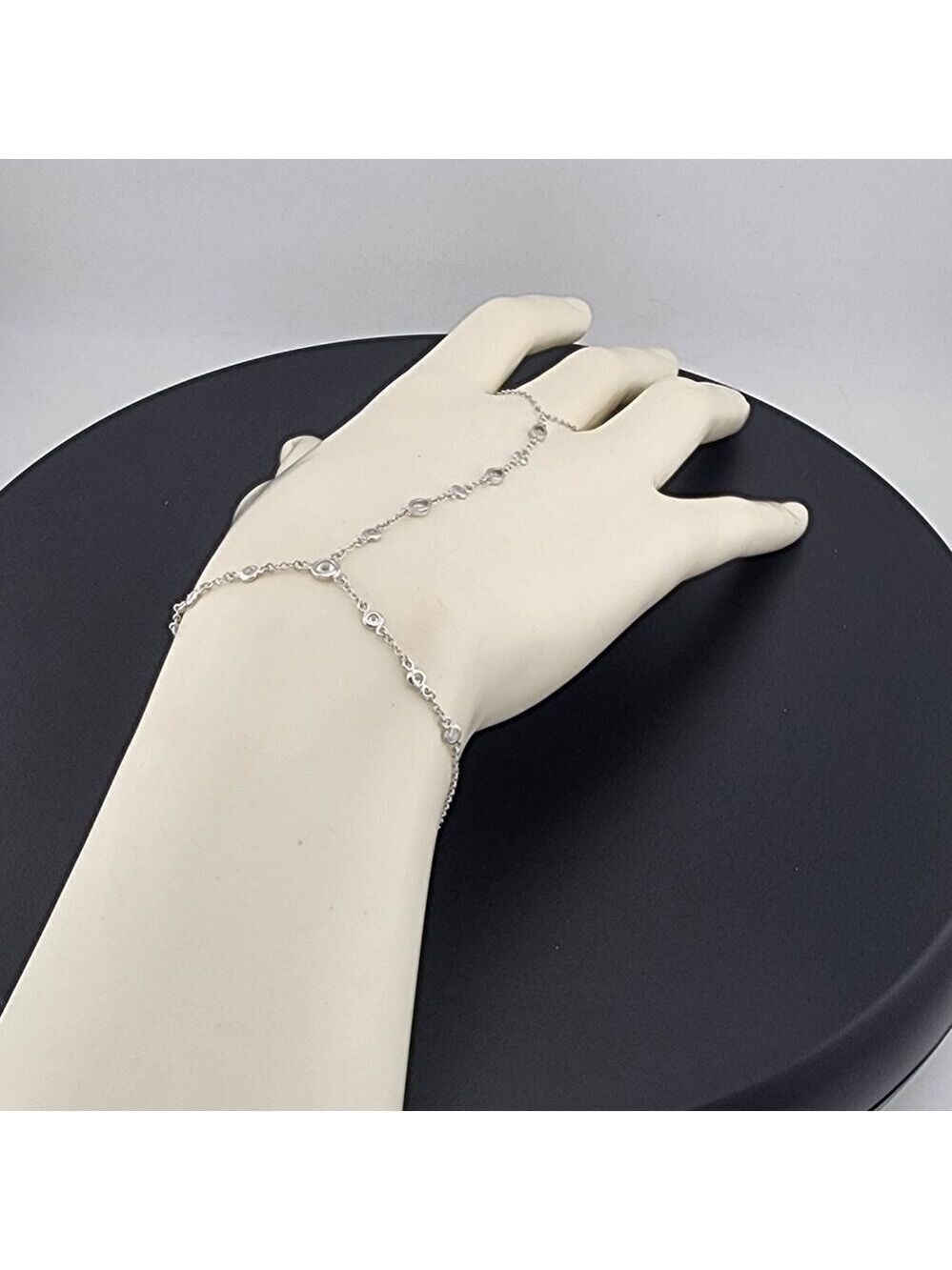 925 Silver Gemstone Hand Chain Bracelet with Ring – Round & Oval Stones - Picture 9 of 13